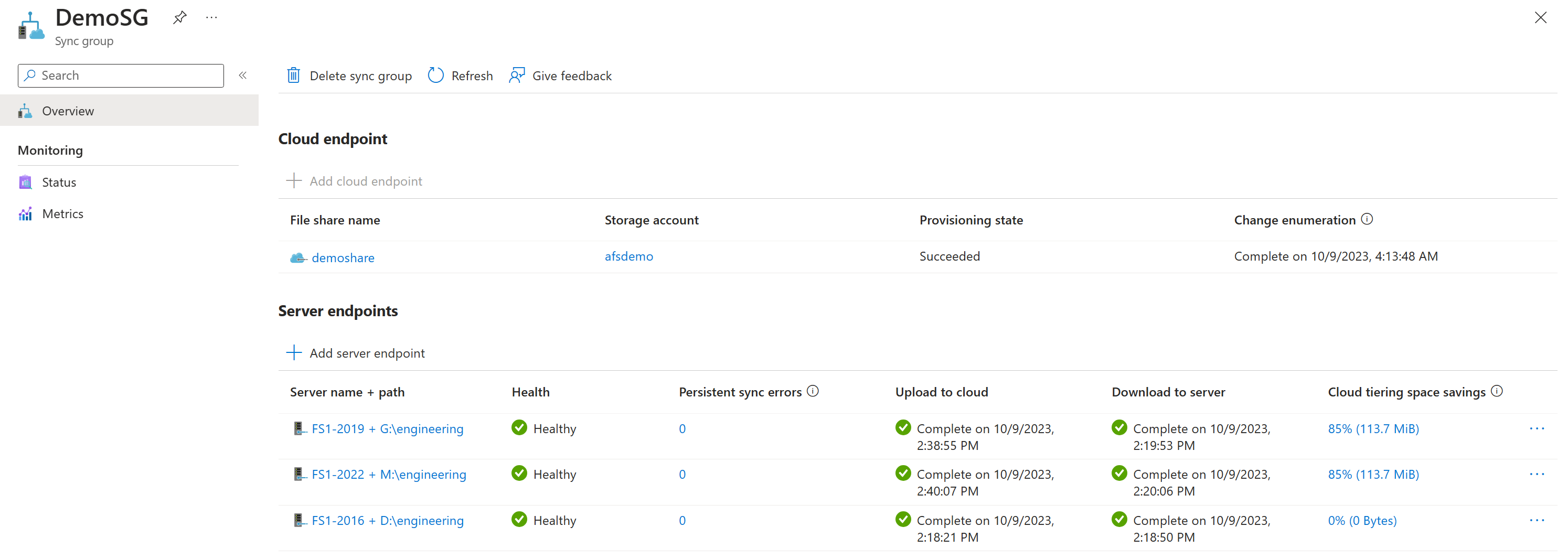 Screenshot showing the server endpoint health in the Azure portal.