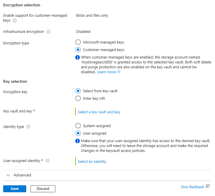 Screenshot showing the encryption selection and key selection for configuring customer managed keys.