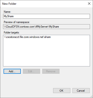 A screenshot of the New Folder dialog box with a folder target added.
