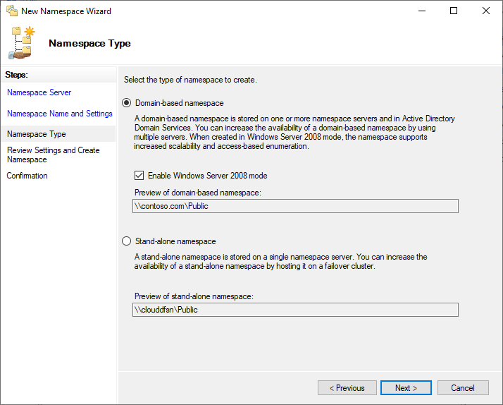 A screenshot of selecting between a domain-based namespace and a stand-alone namespace in the New Namespace Wizard.