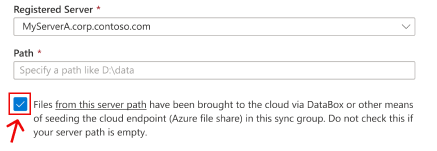 An Azure portal section of the create server endpoint wizard is shown. A checkbox is highlighted that corresponds to the scenario of seeding the Azure file share with data. Check this box if you connect Azure File Sync to the same on-prem location from where you copied onto Data Box before.