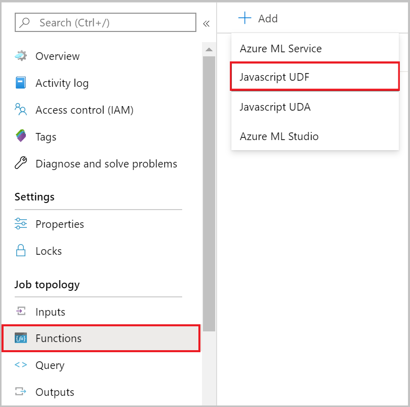 Screenshot of the Azure portal Functions page showing the Add menu with the JavaScript UDF option.