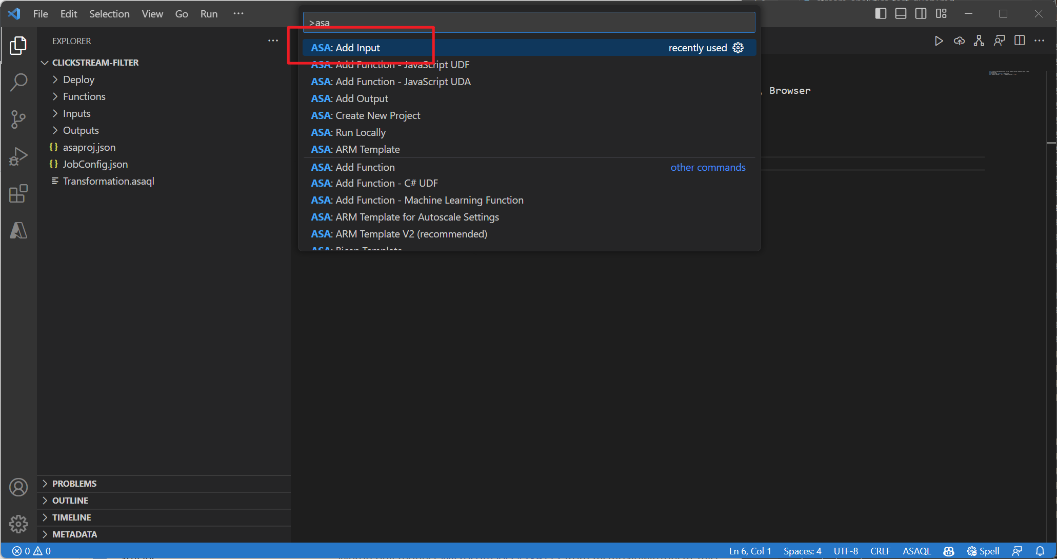 Screenshot of the Visual Studio Code command palette with the ASA: Add Input command entered.
