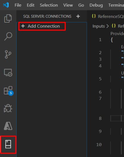Screenshot of the left pane with the Add Connection option highlighted.