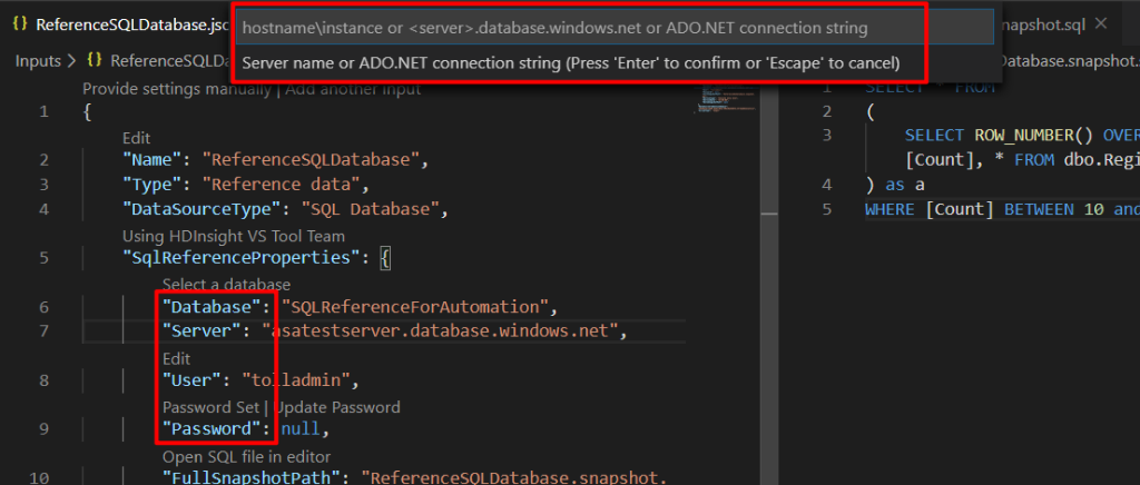 Screenshot of the connection form with the database and server information boxes highlighted.
