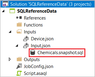 Screenshot of Solution Explorer with the SQL CodeBehind file Chemicals.snapshot.sql highlighted.