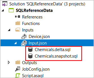 Screenshot of Solution Explorer with the SQL CodeBehind files Chemicals.delta.sql and Chemicals.snapshot.sql highlighted.