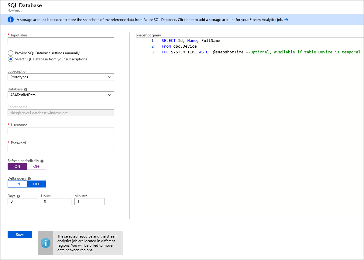 Screenshot of the SQL Database new input page with a configuration form in the left pane and a snapshot query in the right pane.