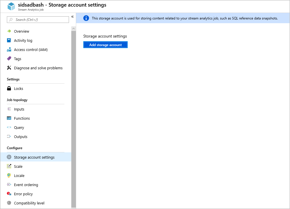 Screenshot of the Storage account settings pane with the Add storage account button in the right pane.