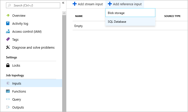 Screenshot of the Stream Analytics Inputs pane with Add reference input selected, showing a drop-down list with the values Blob storage and SQL Database.