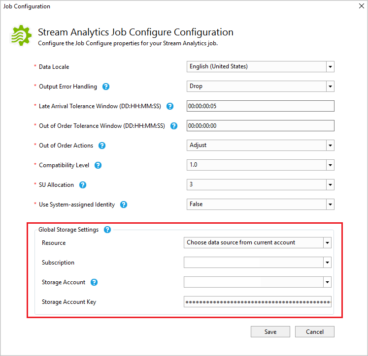 Screenshot of the Stream Analytics job configuration shown with default values and the Global Storage Settings highlighted.