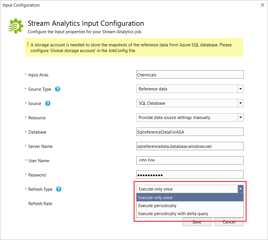 Screenshot of the Stream Analytics Input Configuration with values entered or selected from drop-down lists.