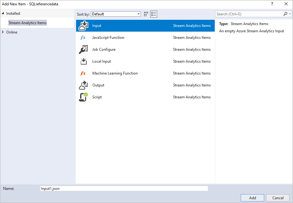 Screenshot of the Add New Item dialog with Input selected.