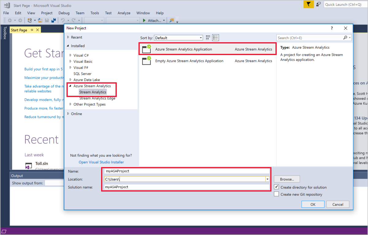 Screenshot of the New Project dialog with the Stream Analytics template and Azure Stream Analytics Application selected, and the Name, Location, and Solution name boxes highlighted.