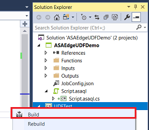 Screenshot of building an Azure Stream Analytics IoT Edge project in Visual Studio.