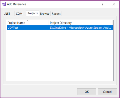 Screenshot of choosing a C# project name from the reference list in Visual Studio.