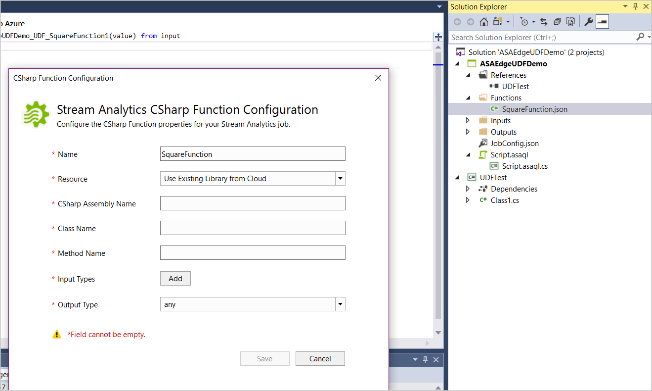 Screenshot of the C# function configuration dialog in Visual Studio.