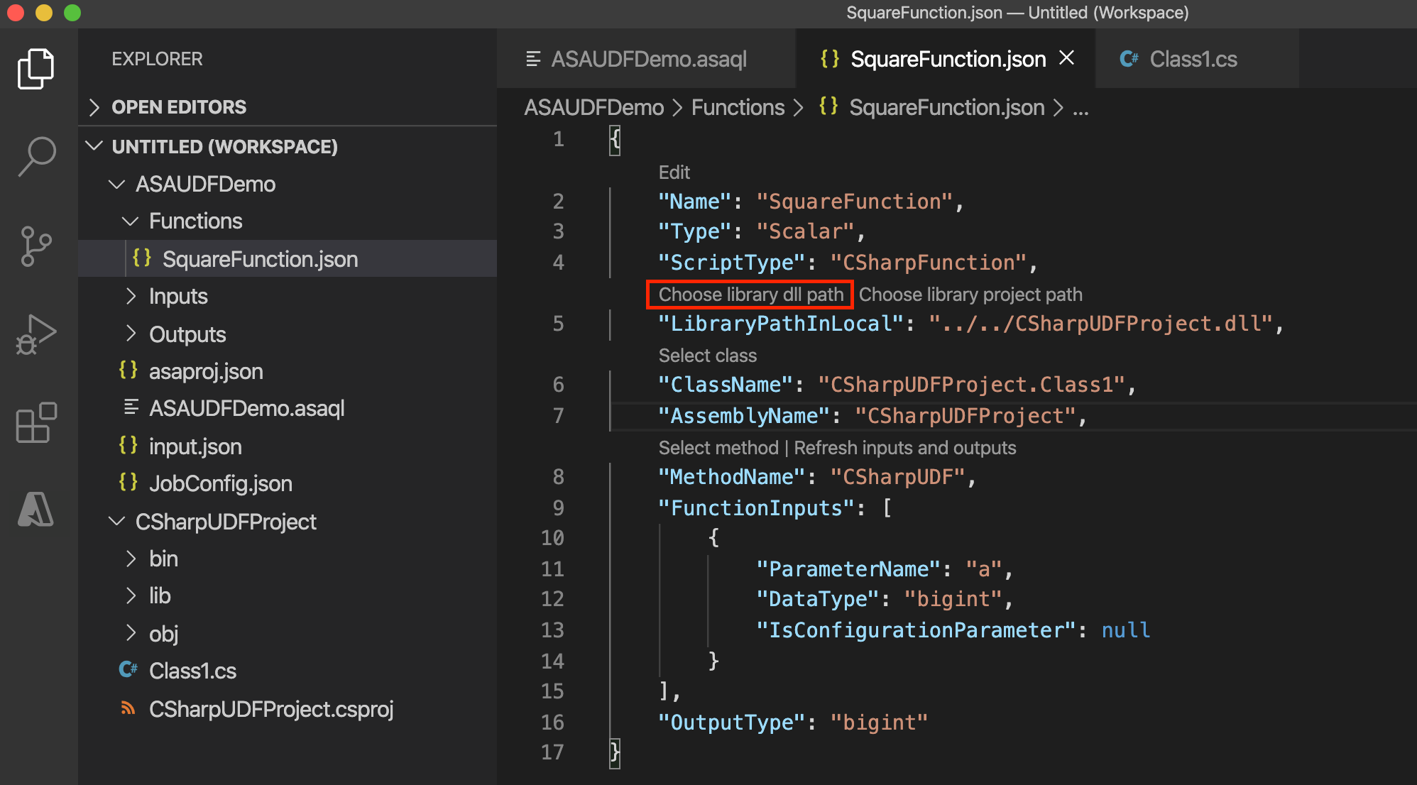 Screenshot of the Stream Analytics C# function configuration for a library DLL.