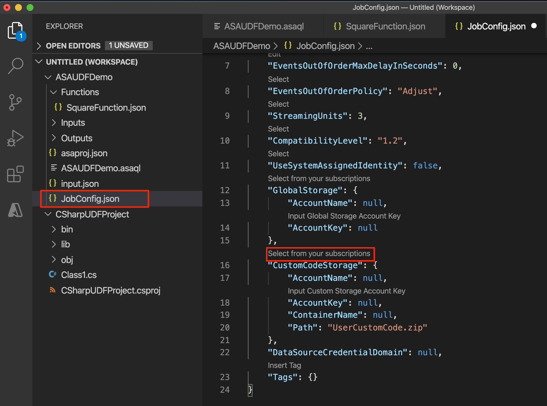 Screenshot of configuring the storage account for a Stream Analytics C# function.