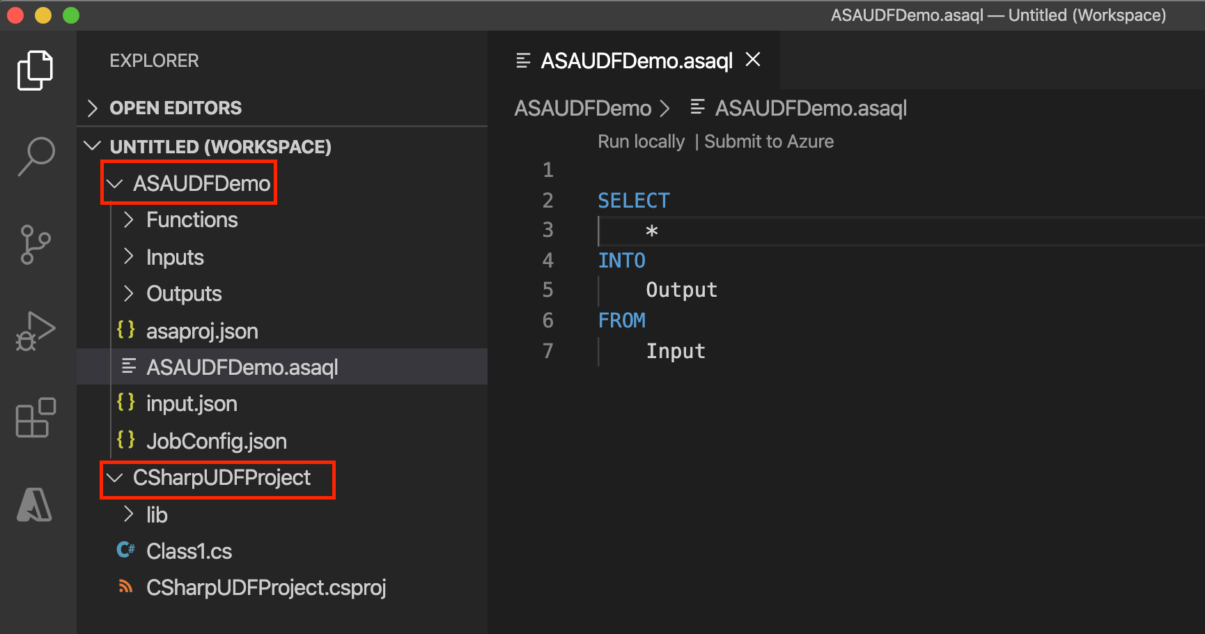 Screenshot of an Azure Stream Analytics project in Visual Studio Code.