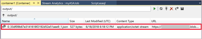 Screenshot showing the output results in the container1 blob container.
