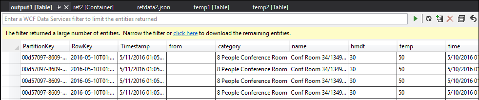 Screenshot of the output table showing data formatted and populated as expected in the Stream Analytics query.
