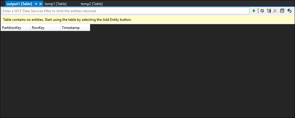 Screenshot of the output1 table showing no data returned by the Stream Analytics query.