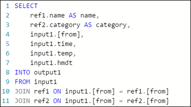 Screenshot of an example Stream Analytics query that joins an event hub input with two reference blobs by using SELECT INTO.