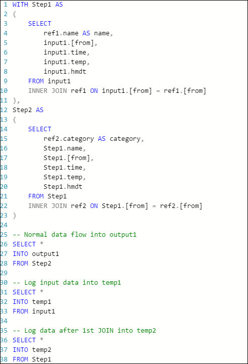 Screenshot of the rewritten Stream Analytics query that outputs intermediate JOIN results to temporary outputs.