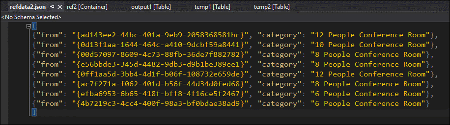 Screenshot of the reference data table showing a GUID format that differs from the from column in temp2.