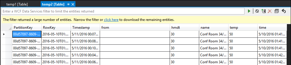 Screenshot of the temp2 table showing the name column populated correctly from the Stream Analytics query.