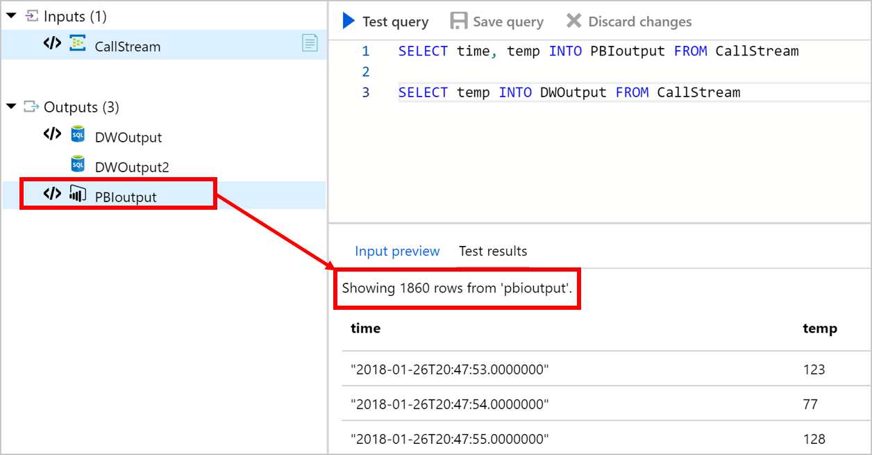 Screenshot of Azure Stream Analytics test results with a selected output destination.
