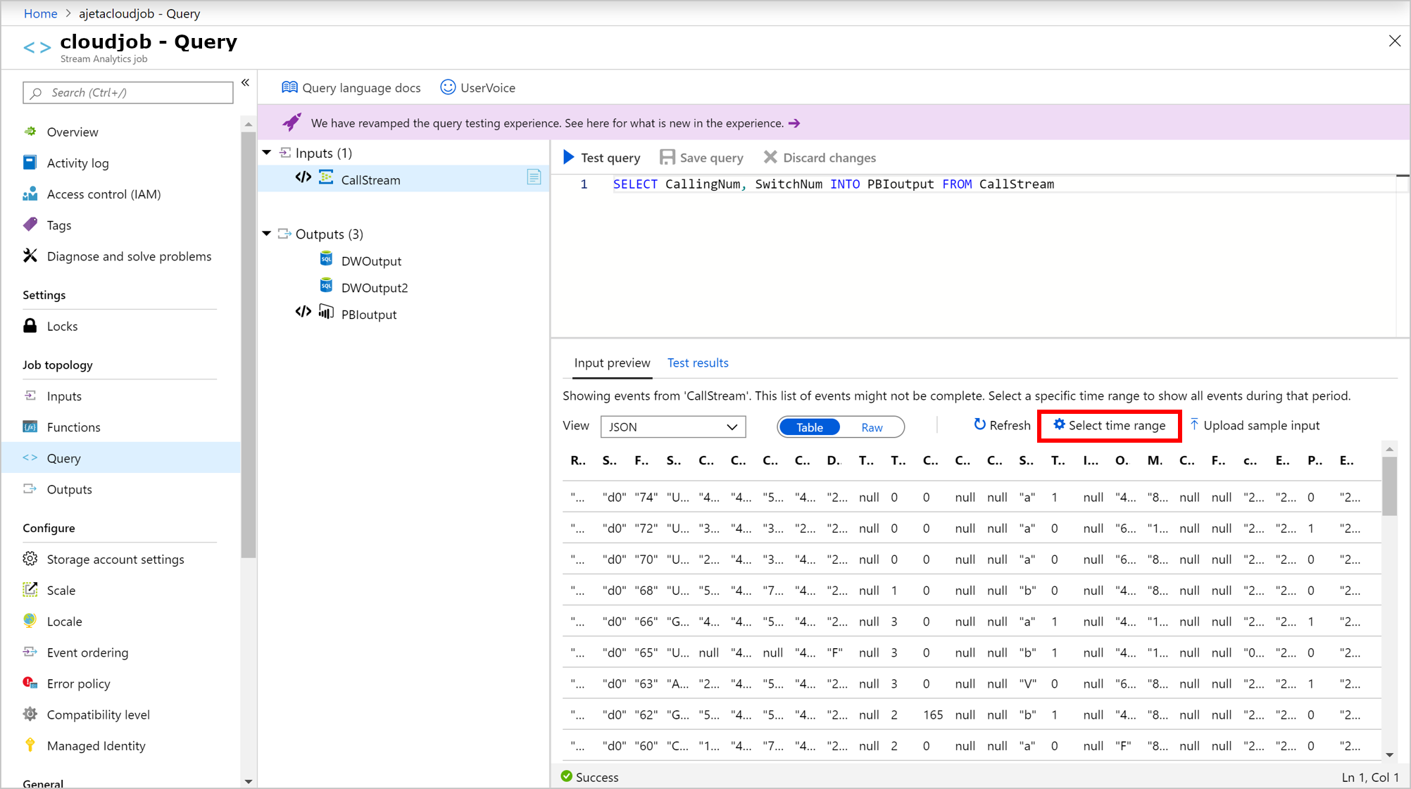 Screenshot of the Azure Stream Analytics time range selector for incoming sample events.