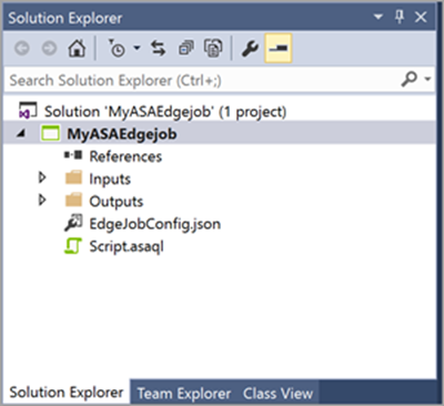 Screenshot of Solution Explorer showing the folder hierarchy of a Stream Analytics Edge project in Visual Studio.