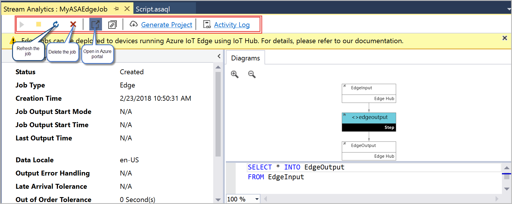 Screenshot of the job view window showing the job diagram and other options in Visual Studio.