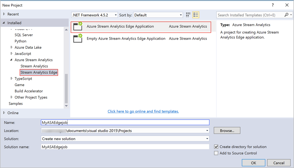 Screenshot of the New Project dialog box for creating an Azure Stream Analytics Edge application in Visual Studio.