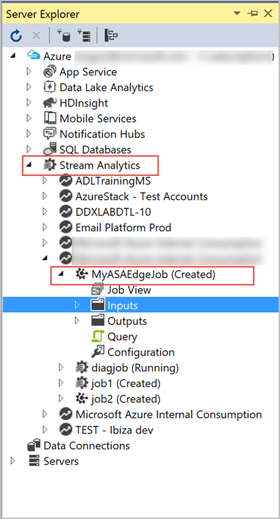 Screenshot of Server Explorer showing job management options for a Stream Analytics Edge job.