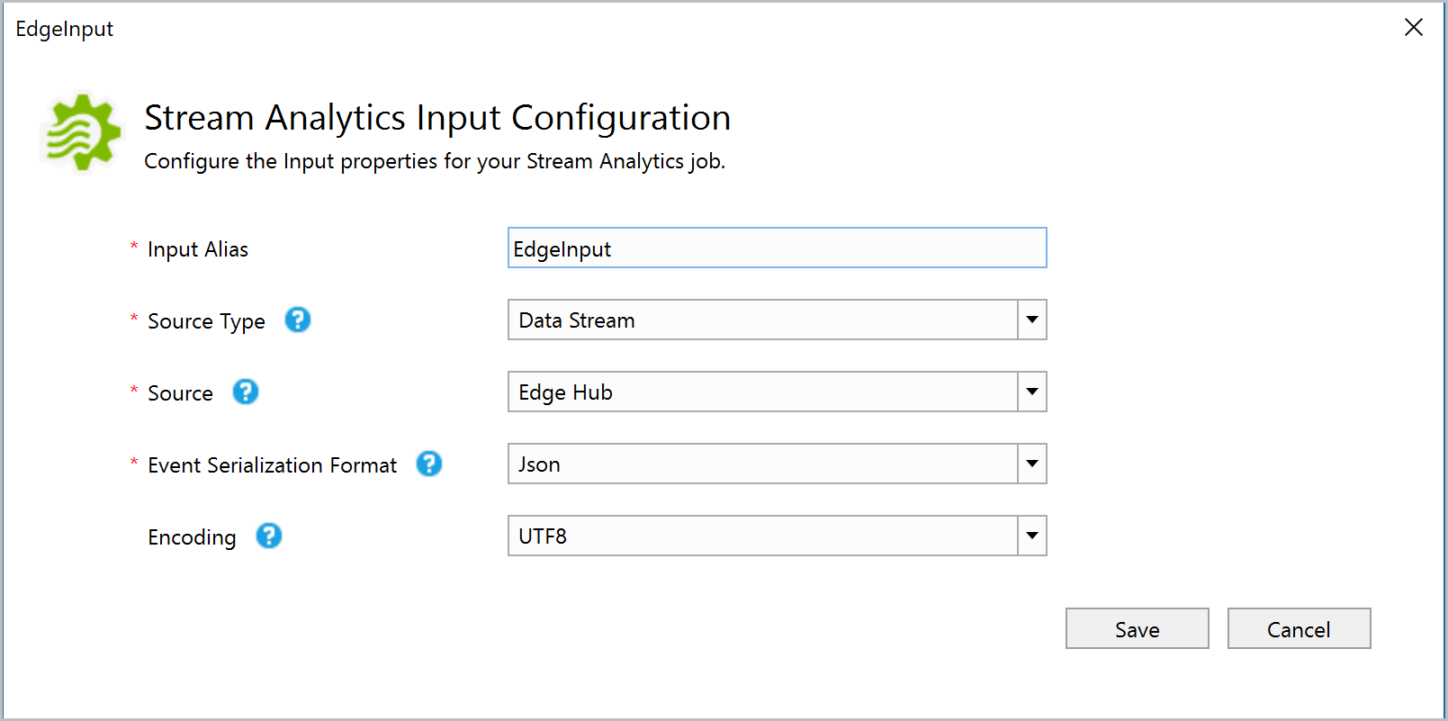 Screenshot of the Stream Analytics Edge Hub input configuration settings in Visual Studio.