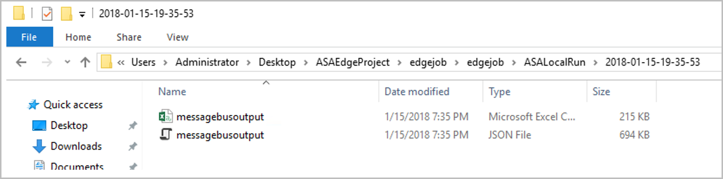 Screenshot of the Stream Analytics job result folder showing local run output in Visual Studio.