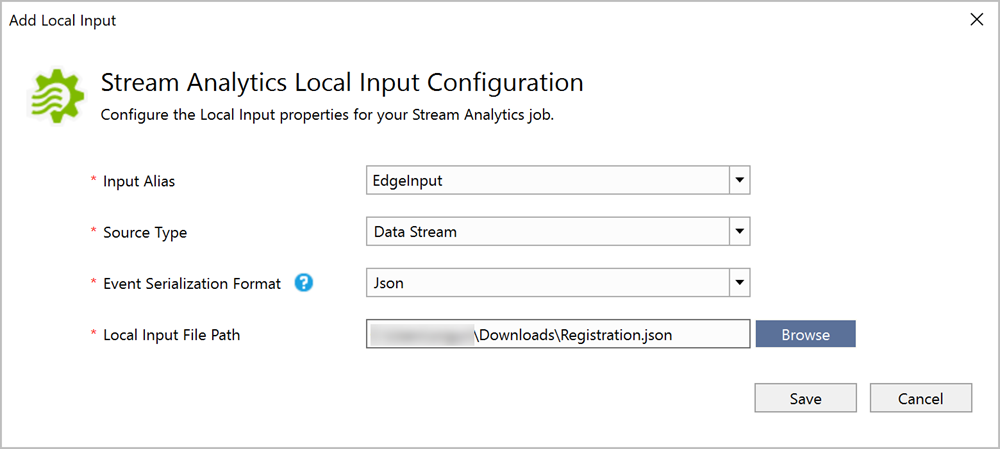 Screenshot of the local input configuration for uploading sample data in Visual Studio.