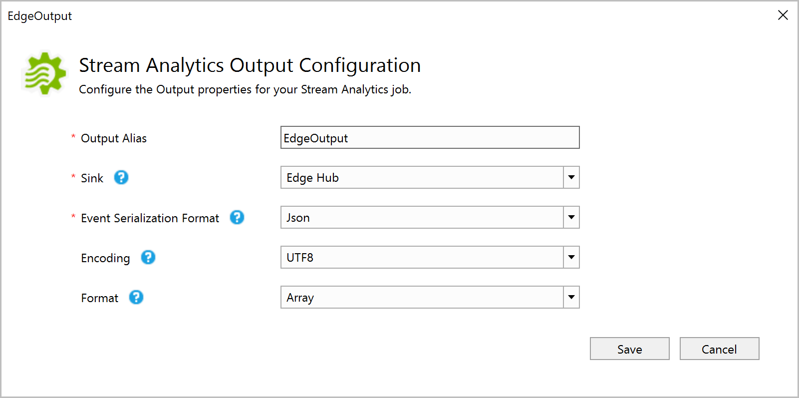 Screenshot of the Stream Analytics Edge Hub output configuration settings in Visual Studio.