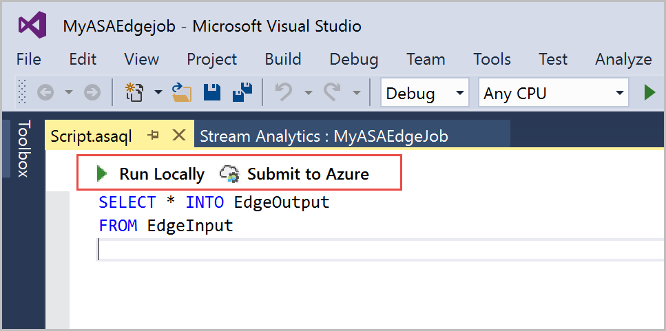 Screenshot of the Stream Analytics job run options showing Run Locally in Visual Studio.