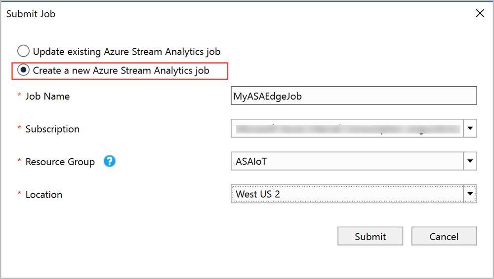 Screenshot of the dialog box for submitting a Stream Analytics Edge job to Azure from Visual Studio.