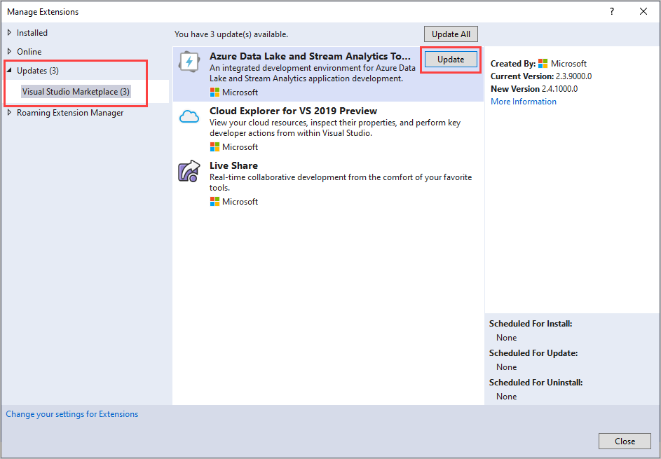 Screenshot of the Manage Extensions window in Visual Studio showing the Azure Data Lake and Stream Analytics Tools update.