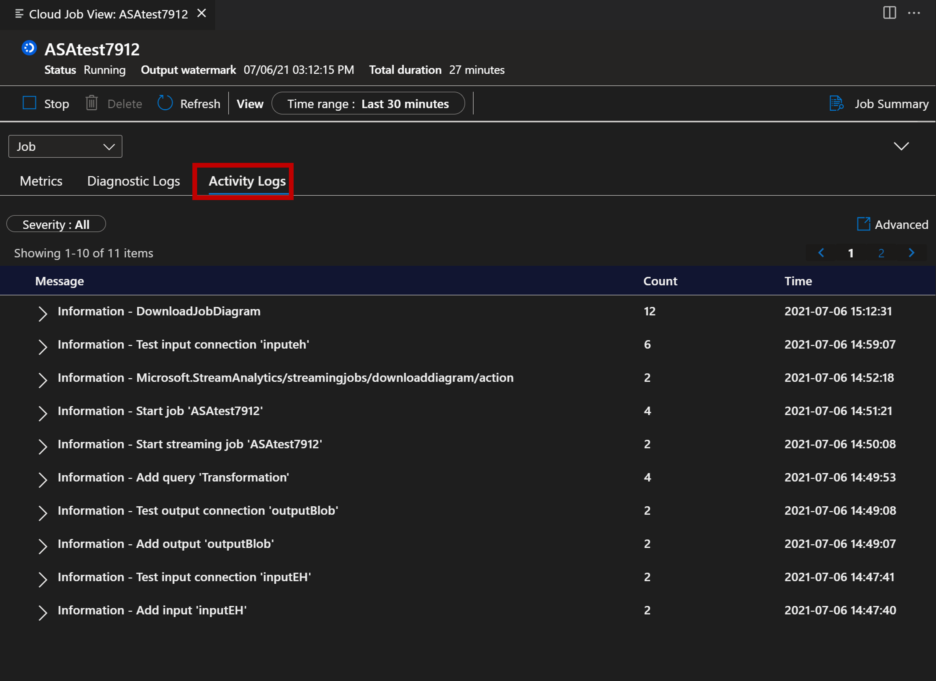 Screenshot of VS Code extension viewing Activity Logs.