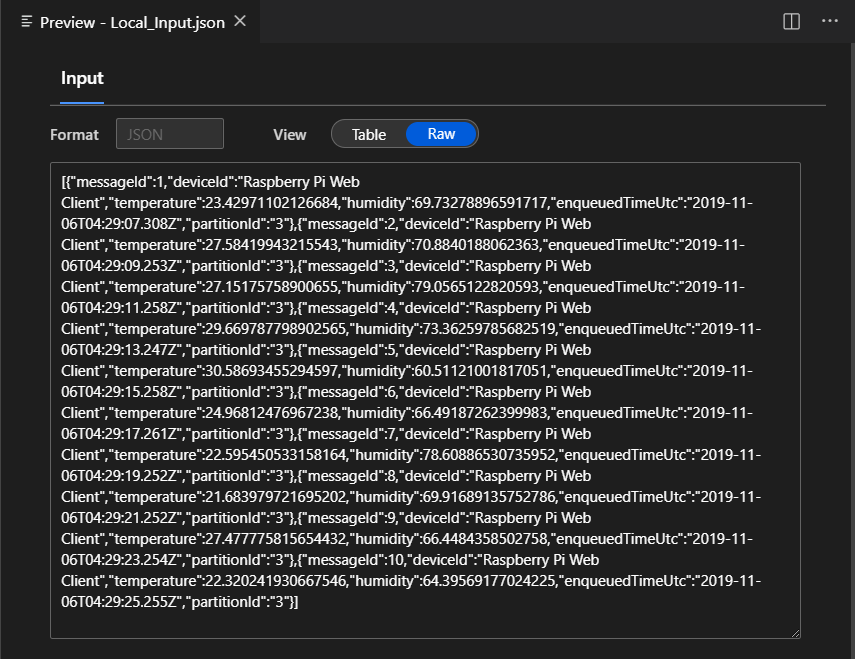 Screenshot of the local input data previewed in Raw format in Visual Studio Code.