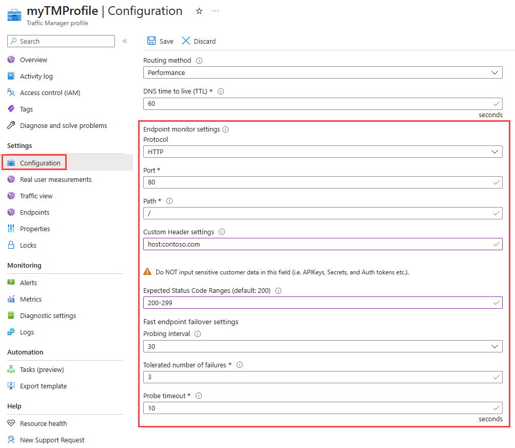 Screenshot of Traffic Manager endpoint monitoring configuration settings in the Azure portal.