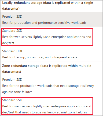 Screenshot of the disk SKU, Standard SSD LRS and ZRS SKUs highlighted.