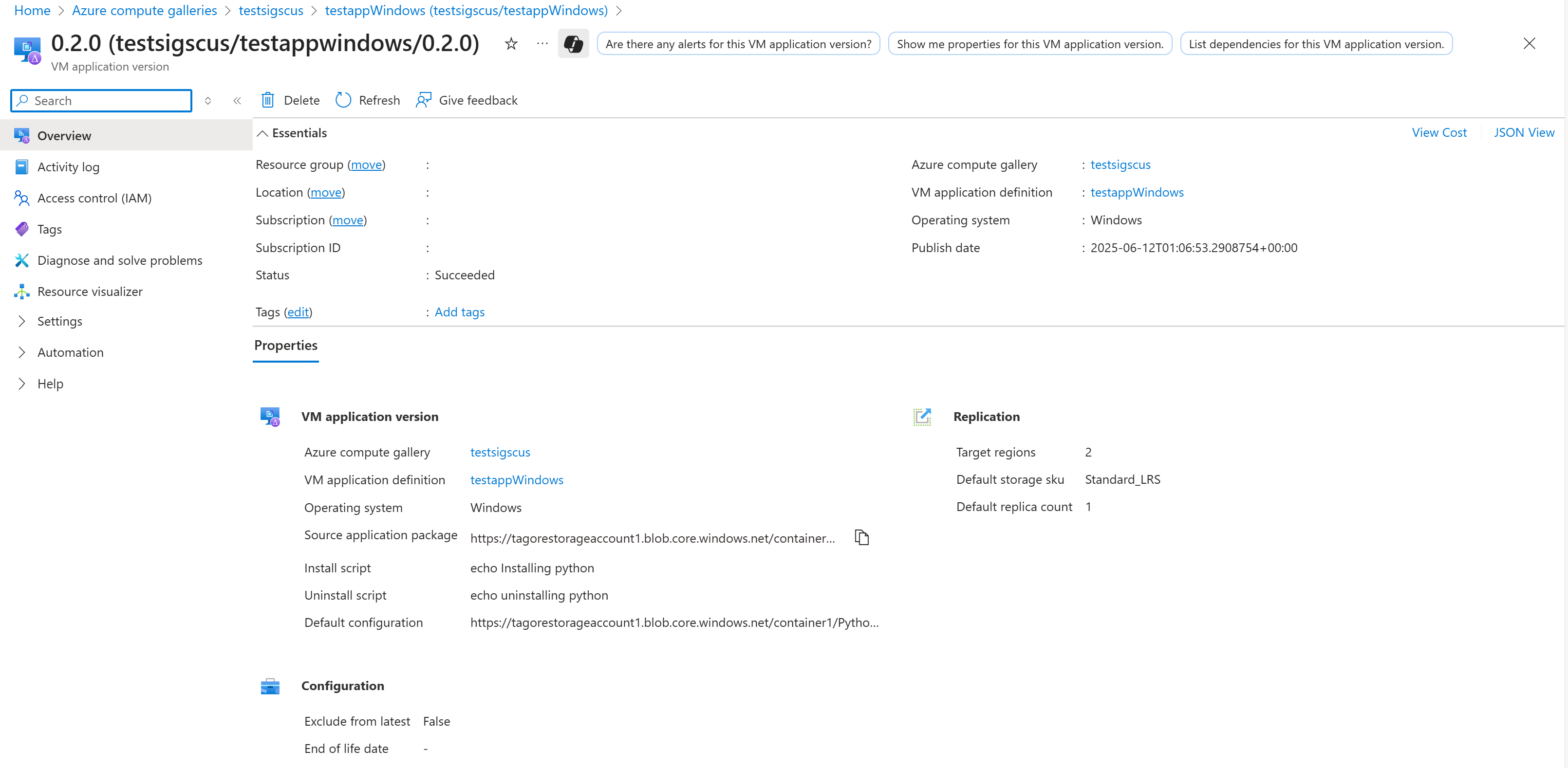 Screenshot showing VM Application version properties in the Azure portal.