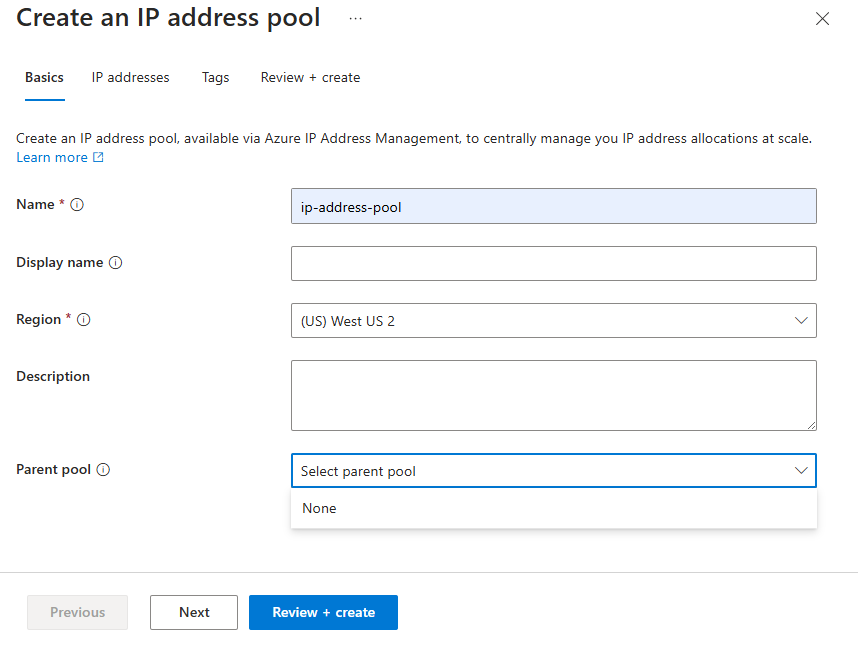 Screenshot showing settings for creating a root IP address pool.